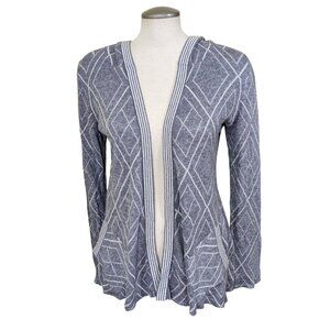 Belldini Open Front Hooded Cardigan Sweater Womens Size M Gray White Geo Print